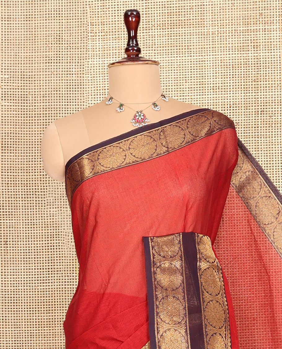 Rust Plain Chettinad Cotton Saree, Complemented by a Contrast Rettai Pettu Traditional Zari Border, Striped Pallu, and a Matching Blouse