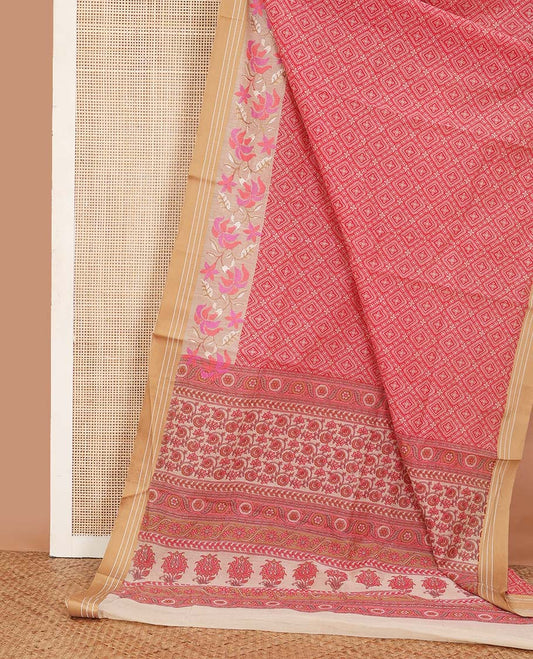 Pink diamond patterned chanderi cotton saree, contrast traditional border of floral multi-hue thread embroidery, and floral jaal printed pallu