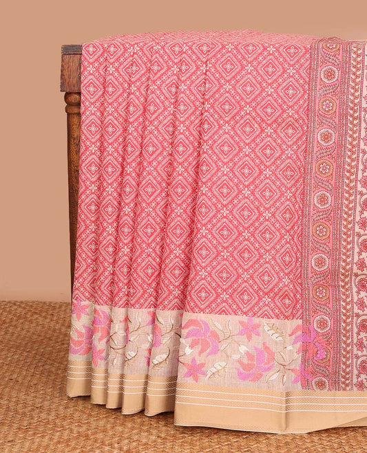 Pink diamond patterned chanderi cotton saree, contrast traditional border of floral multi-hue thread embroidery, and floral jaal printed pallu