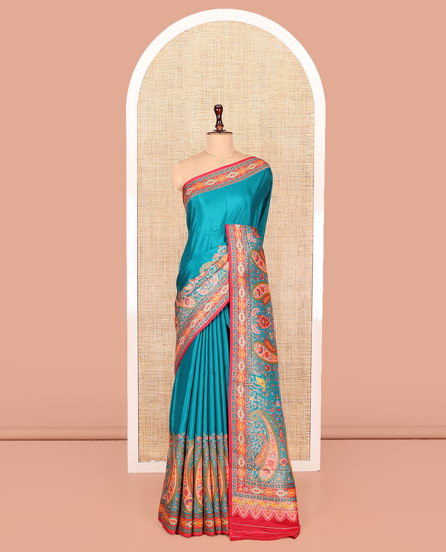 Blue Dola Silk Saree, Finely Crafted with Colorful Paisley Motifs Printed on Its Body, Complemented by Contrast-Printed Border, Pallu of Paisley Print, and Paired with a Contrast Blouse