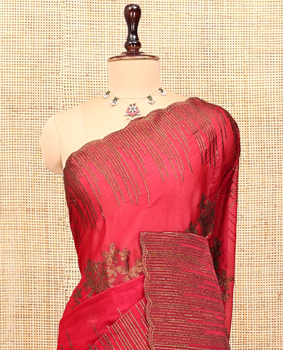 Pink Iconic Blooming Saree, with Floral Copper Thread Embroidery Border, and Matching Blouse