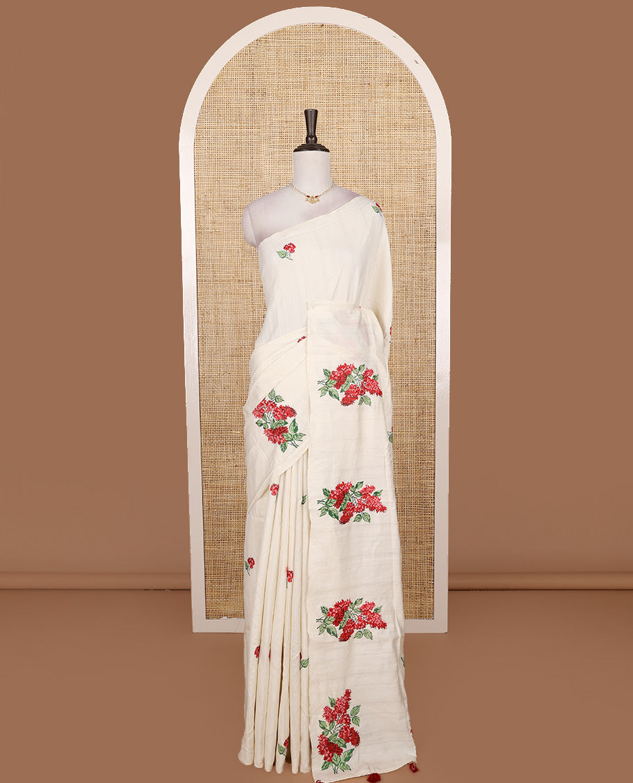Borderless white rose flower motifs embroidered matka silk saree, red rose motifs embroidered pallu
