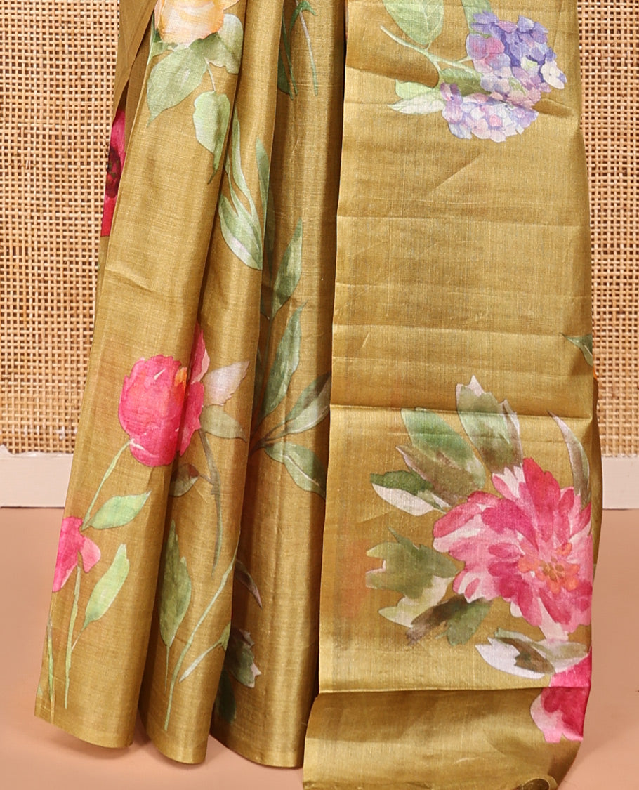 Borderless Green Tussar Silk Saree, Finely Printed with Floral Motifs On Its Body, Subtly Floral Printed Pallu and Paired with a Printed Blouse