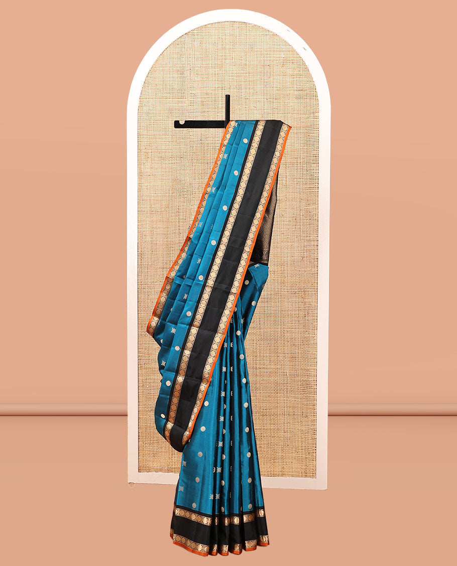 Blue Buttas Vasundhara Lite Silkmix Saree, Contrast Rettai-Pettu Border, Contrast Blouse