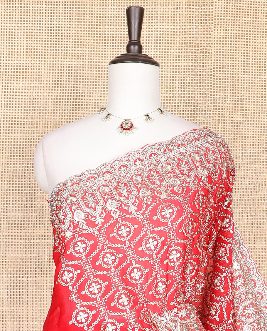 Dazzling red jaal pattern Gota patti embroidered designer saree, self-scallop Gota patti embroidered border