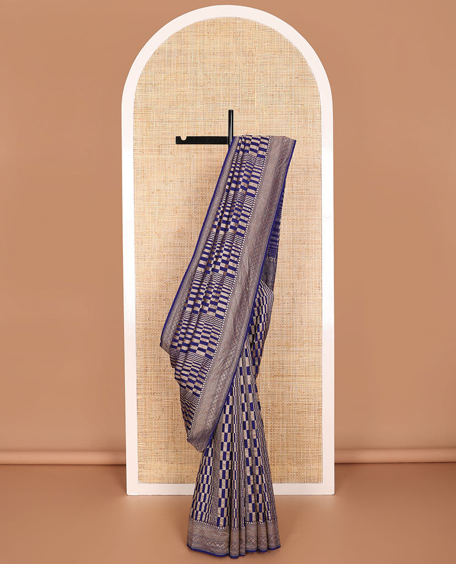 Blue checkered banaras khadi georgettte saree with self zari design border & floral design pallu