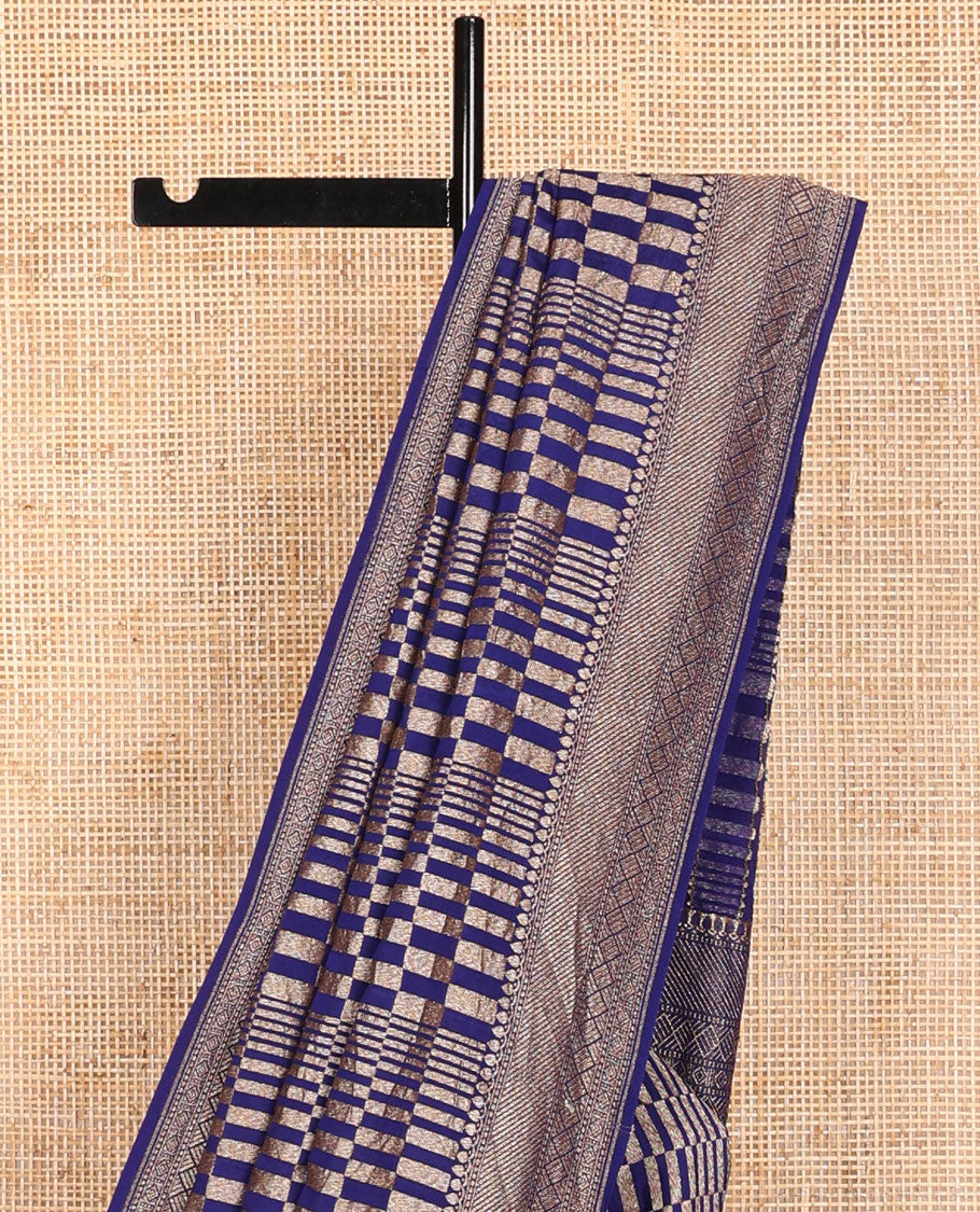 Blue checkered banaras khadi georgettte saree with self zari design border & floral design pallu