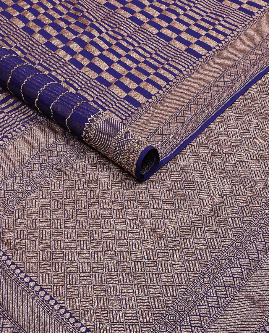Blue checkered banaras khadi georgettte saree with self zari design border & floral design pallu