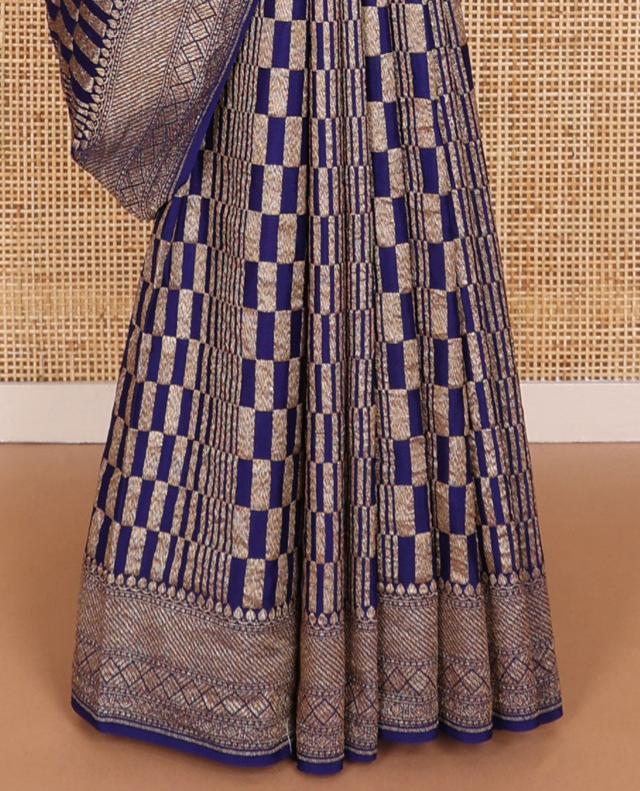 Blue checkered banaras khadi georgettte saree with self zari design border & floral design pallu