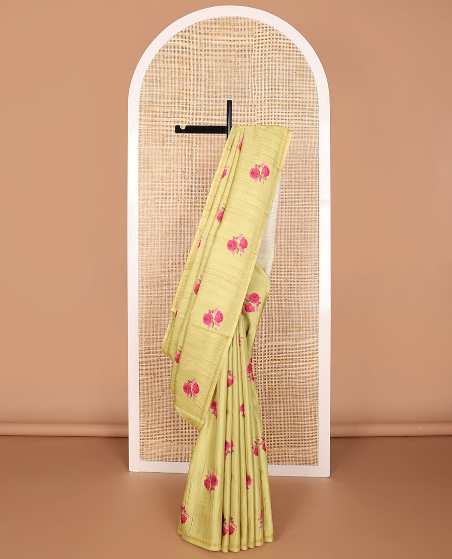 Mustard floral print kamala silk saree with self border & plain blouse