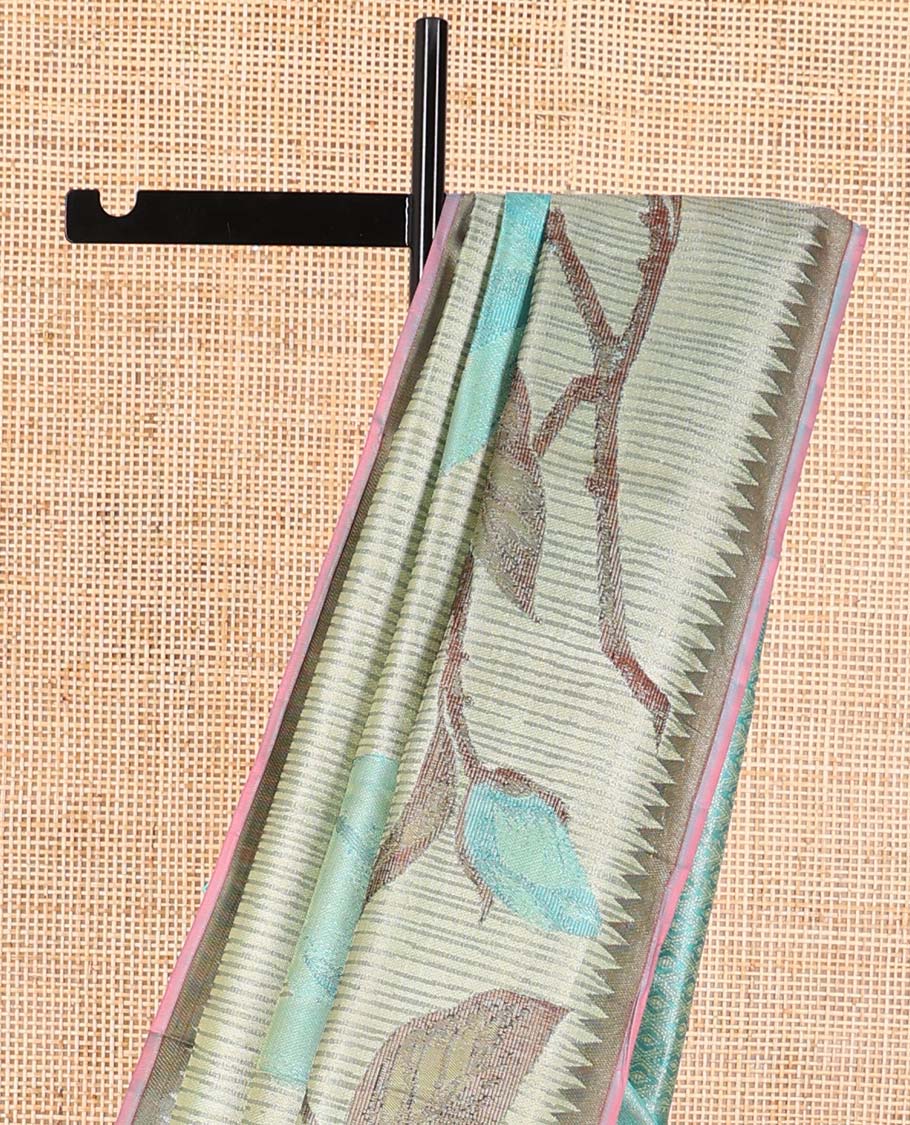 Mint green striped, floral design kanchipuram designer silk saree with contrast temple border & floral zari design pallu