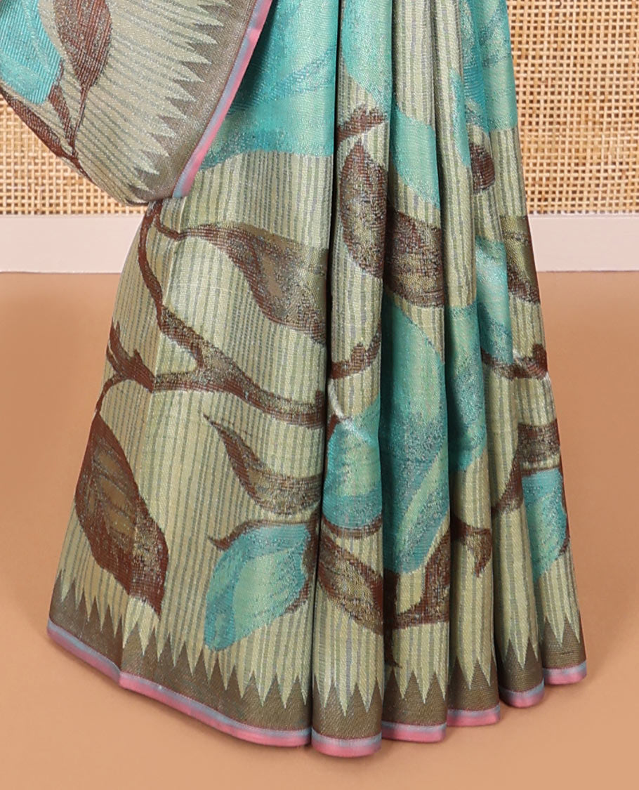 Mint green striped, floral design kanchipuram designer silk saree with contrast temple border & floral zari design pallu