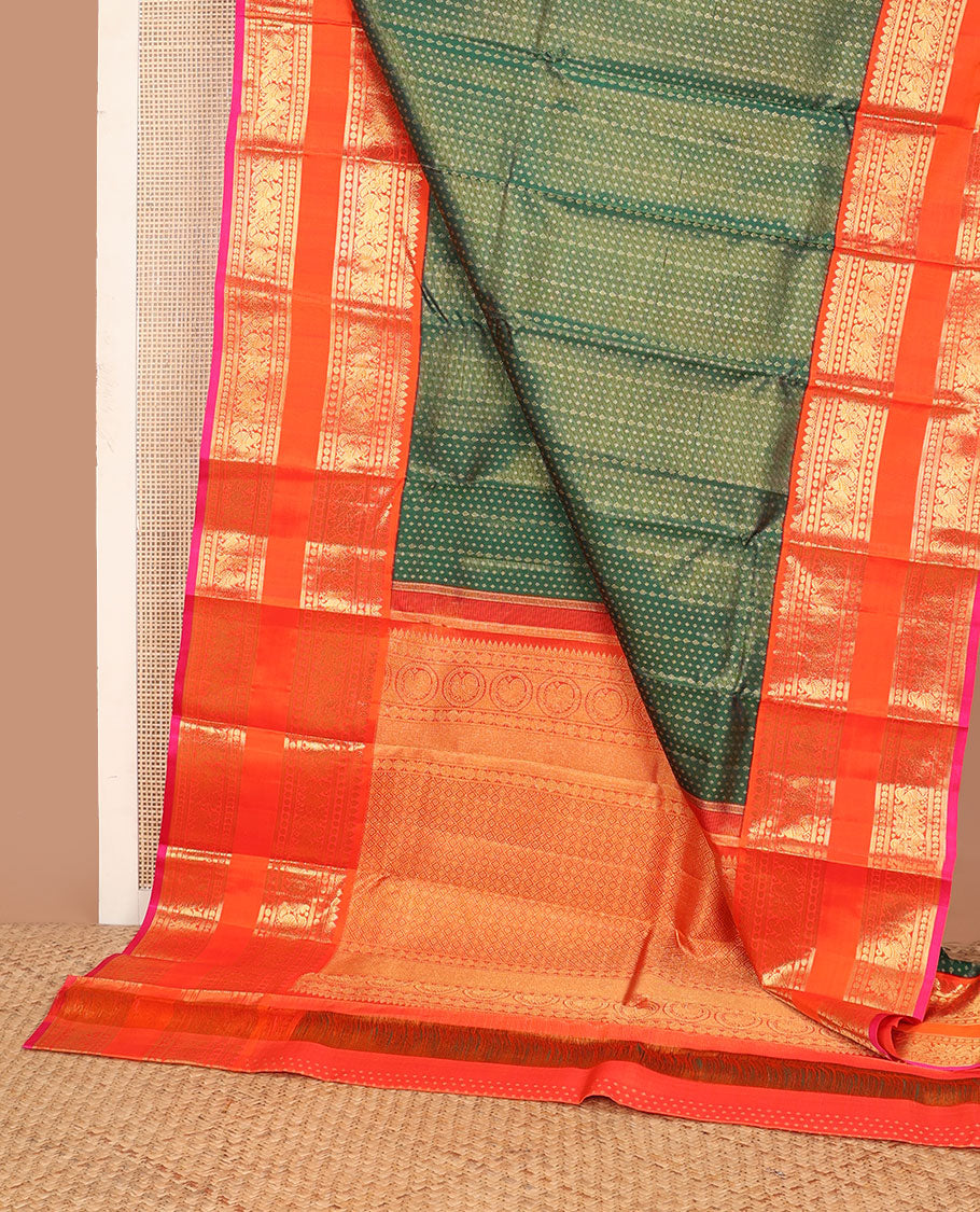 Green zari buttas silk saree, contrast korvai rettai pettu border of thilakam mokku, muthu, poun, manga & mayil designs & jaal pallu