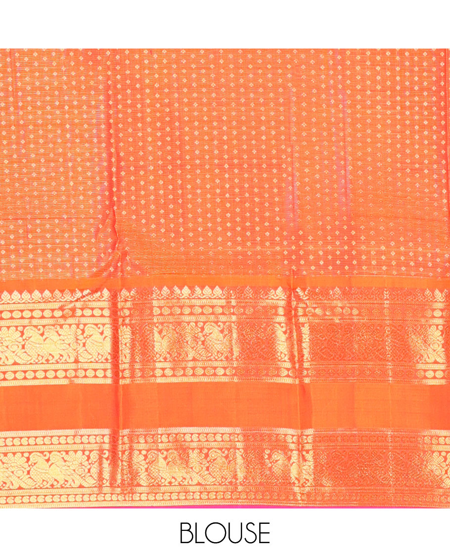 Green zari buttas silk saree, contrast korvai rettai pettu border of thilakam mokku, muthu, poun, manga & mayil designs & jaal pallu