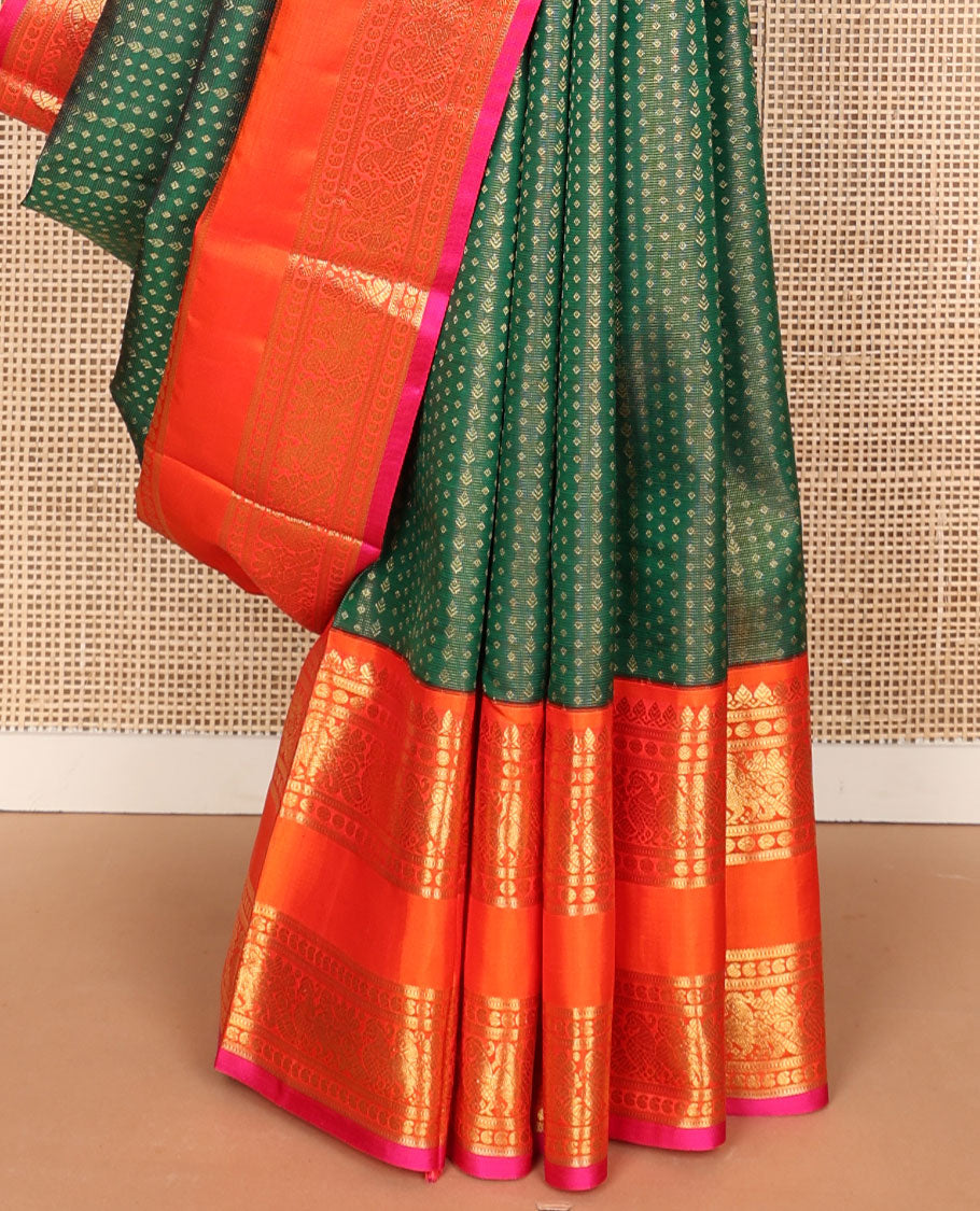 Green zari buttas silk saree, contrast korvai rettai pettu border of thilakam mokku, muthu, poun, manga & mayil designs & jaal pallu