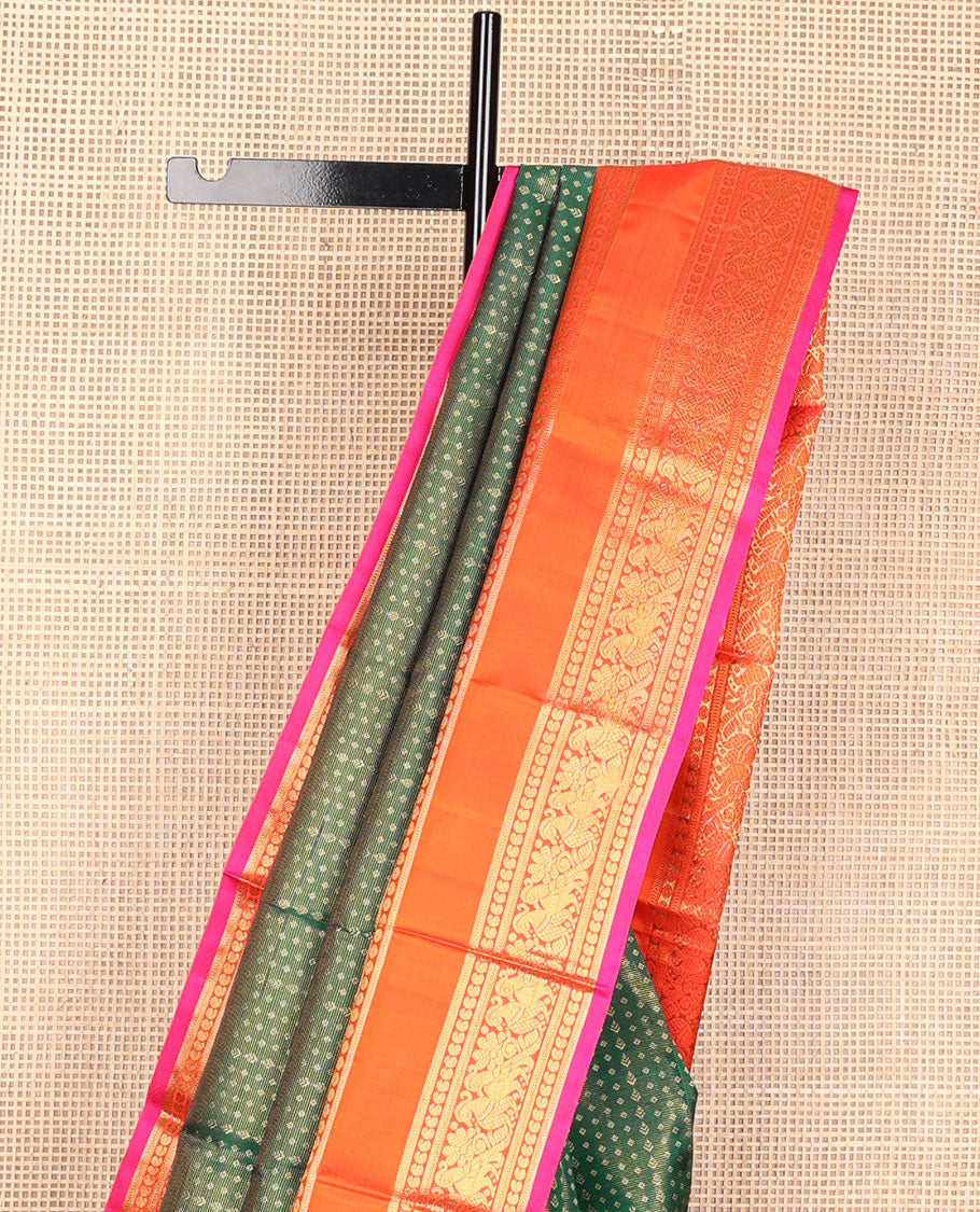 Green zari buttas silk saree, contrast korvai rettai pettu border of thilakam mokku, muthu, poun, manga & mayil designs & jaal pallu
