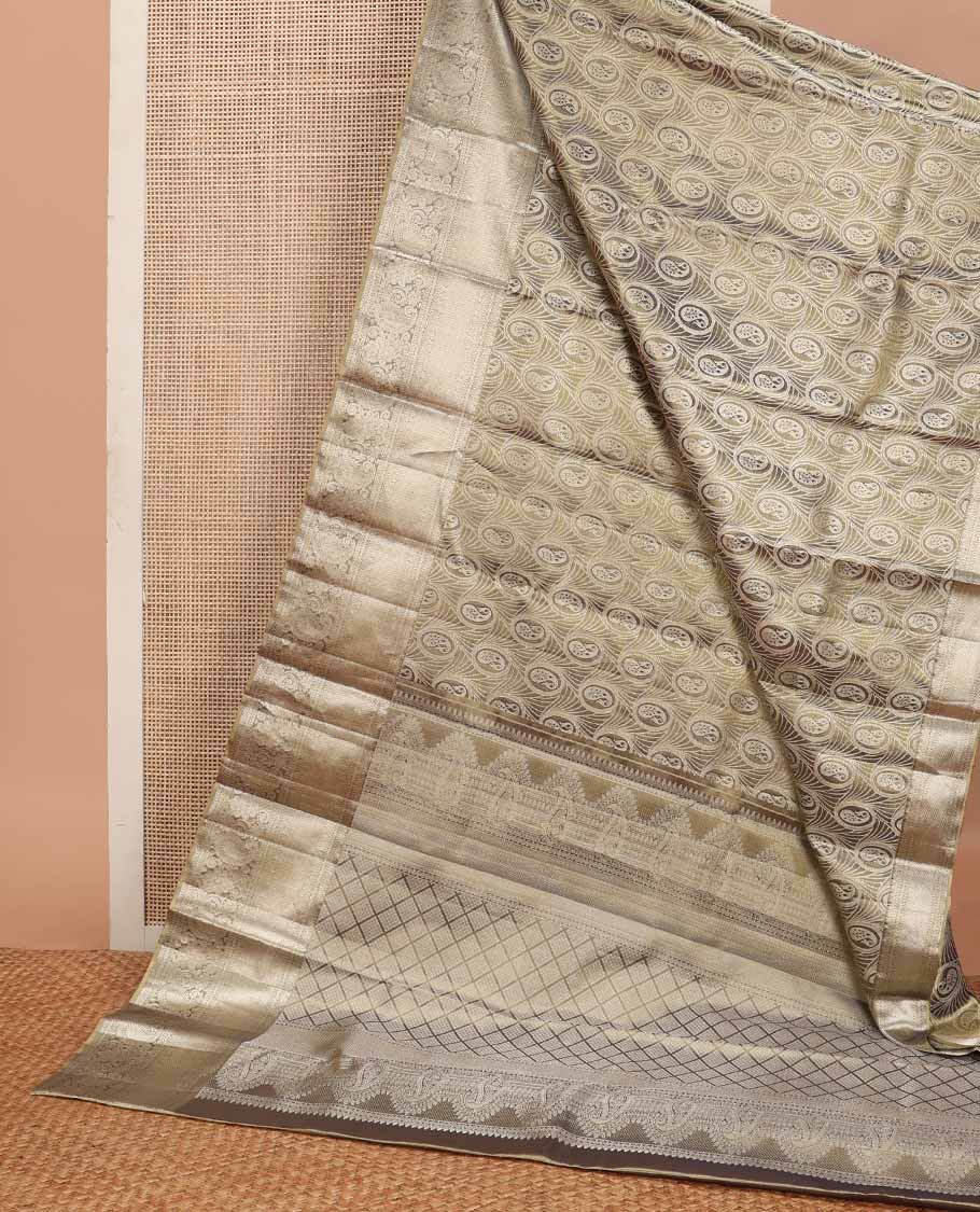 Grey jacquard tissue silk saree, jaal pallu & zari border of thilakam, kathir, rettai neli poun, rudraksham, floral & paisleys