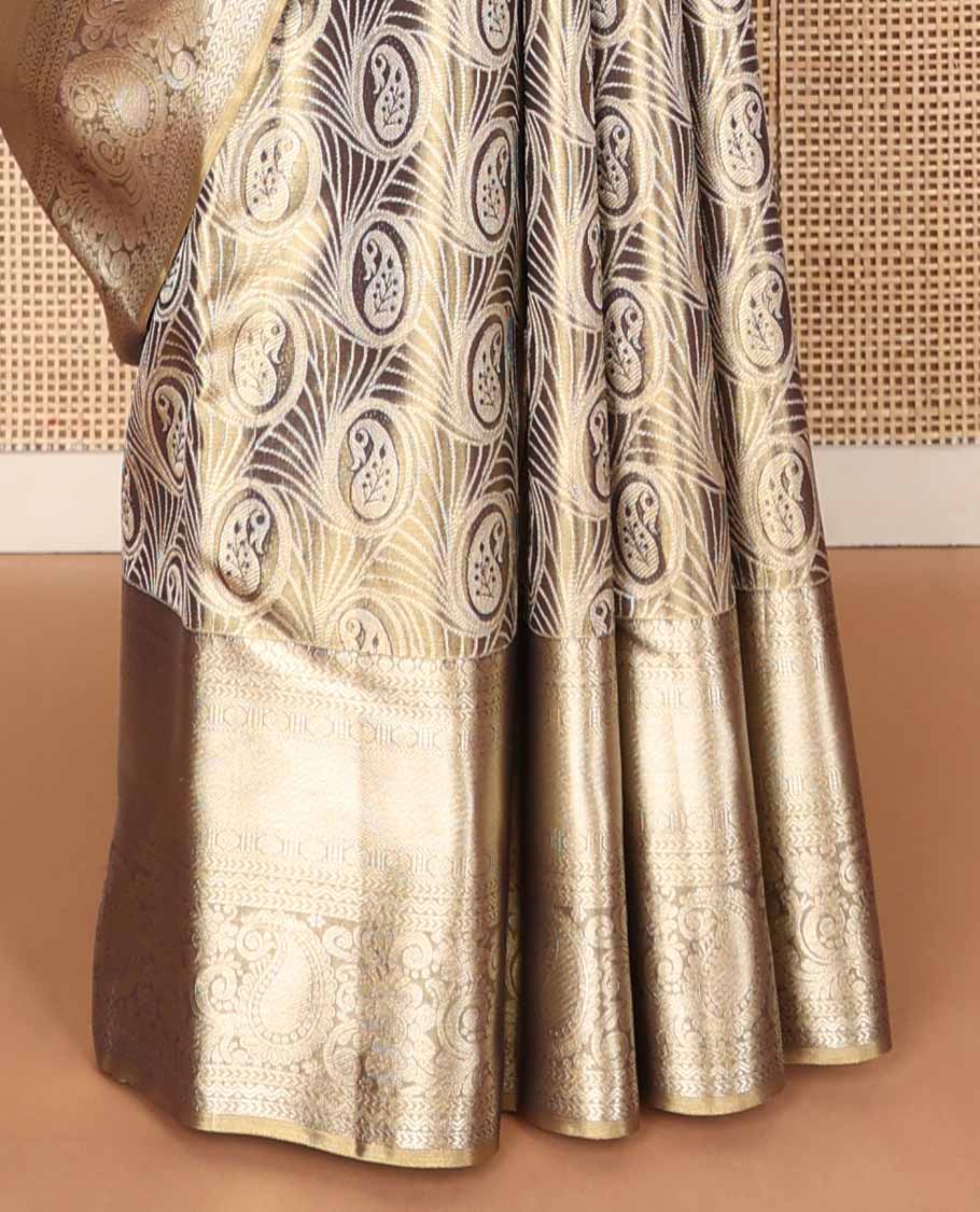 Grey jacquard tissue silk saree, jaal pallu & zari border of thilakam, kathir, rettai neli poun, rudraksham, floral & paisleys