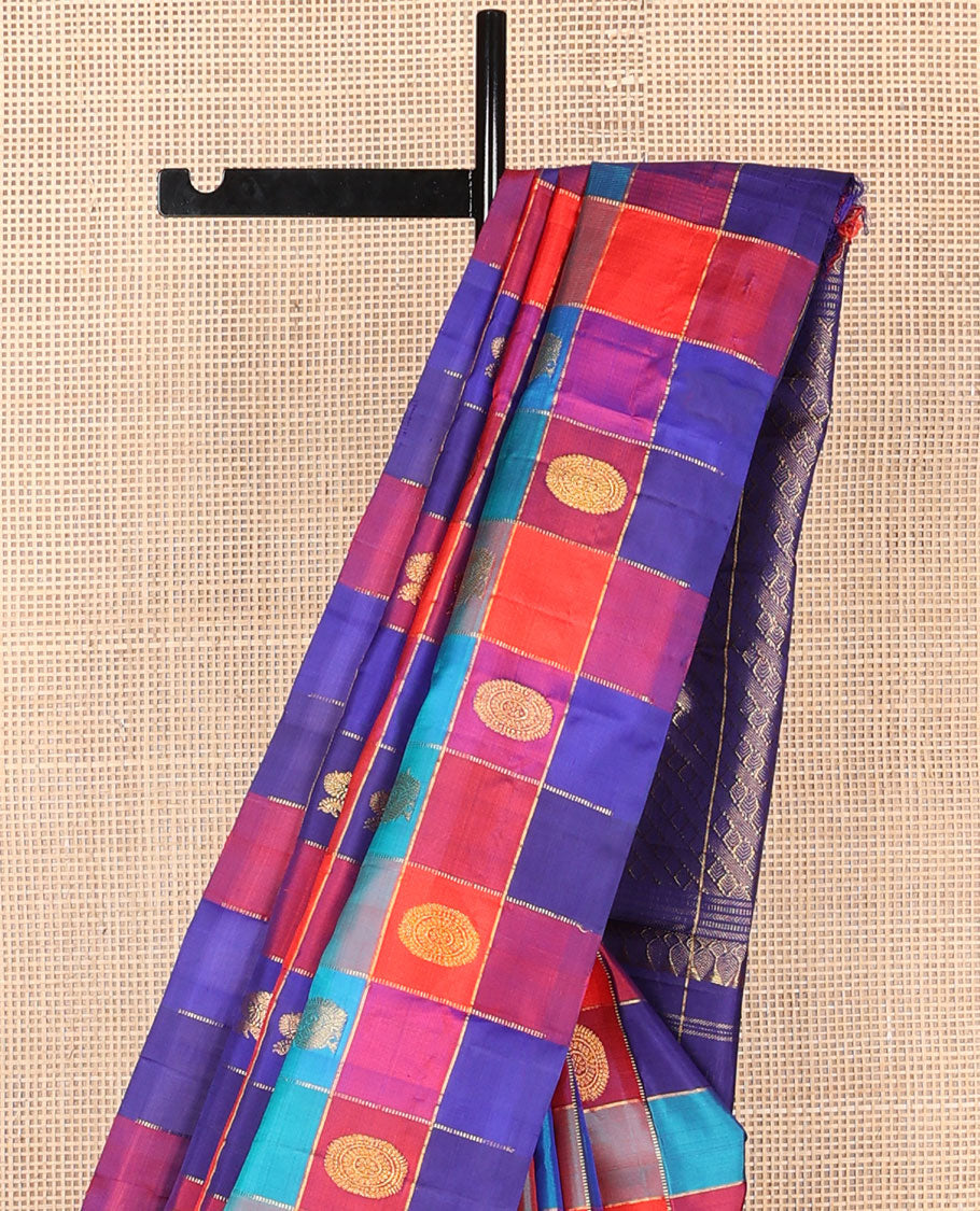 Borderless multi-color annam chakram butta enclosed checked Kanchipuram silk saree, intricately designed pallu