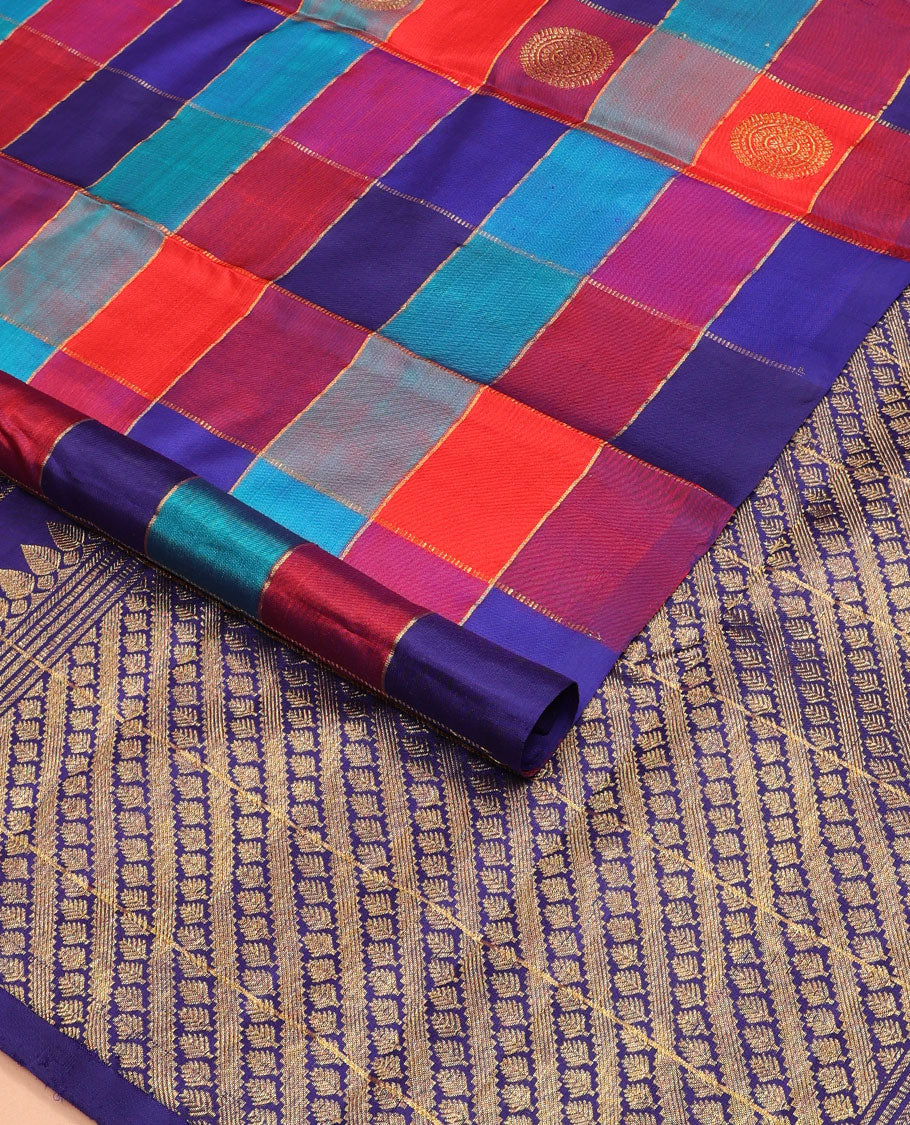 Borderless multi-color annam chakram butta enclosed checked Kanchipuram silk saree, intricately designed pallu
