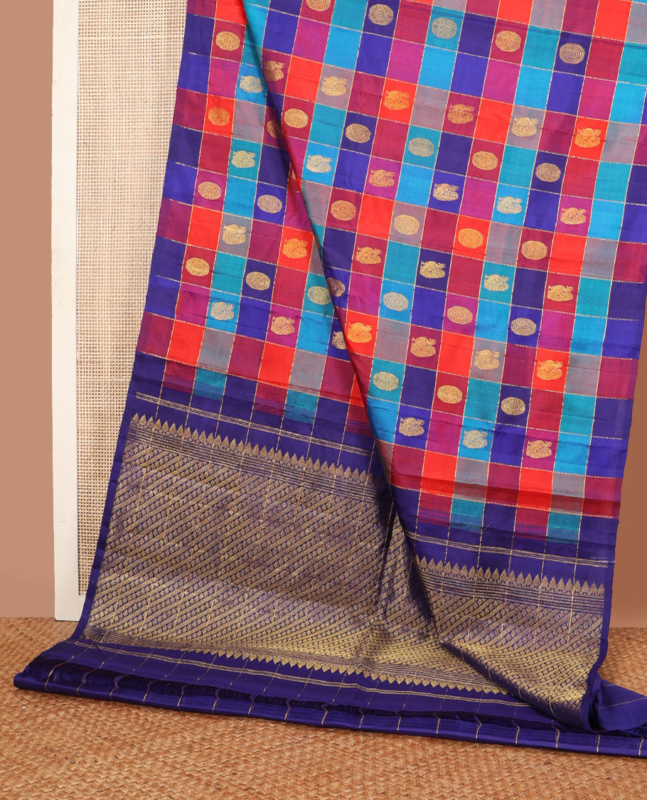 Borderless multi-color annam chakram butta enclosed checked Kanchipuram silk saree, intricately designed pallu