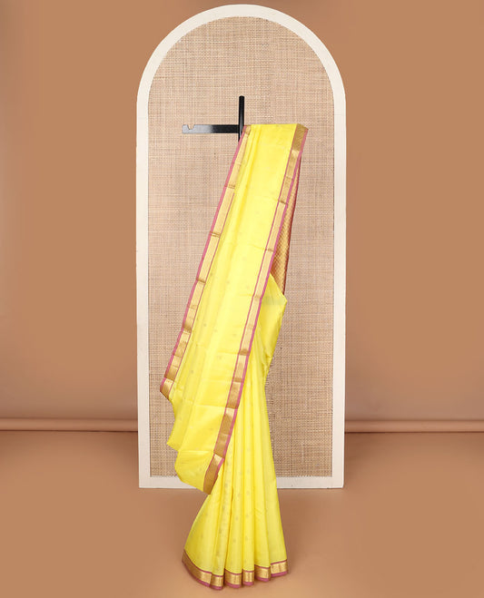 Yellow zari buttas Kanchipuram silk saree, contrast border of rekku,muthu,banaras & jaal design & pallu of jaal designs