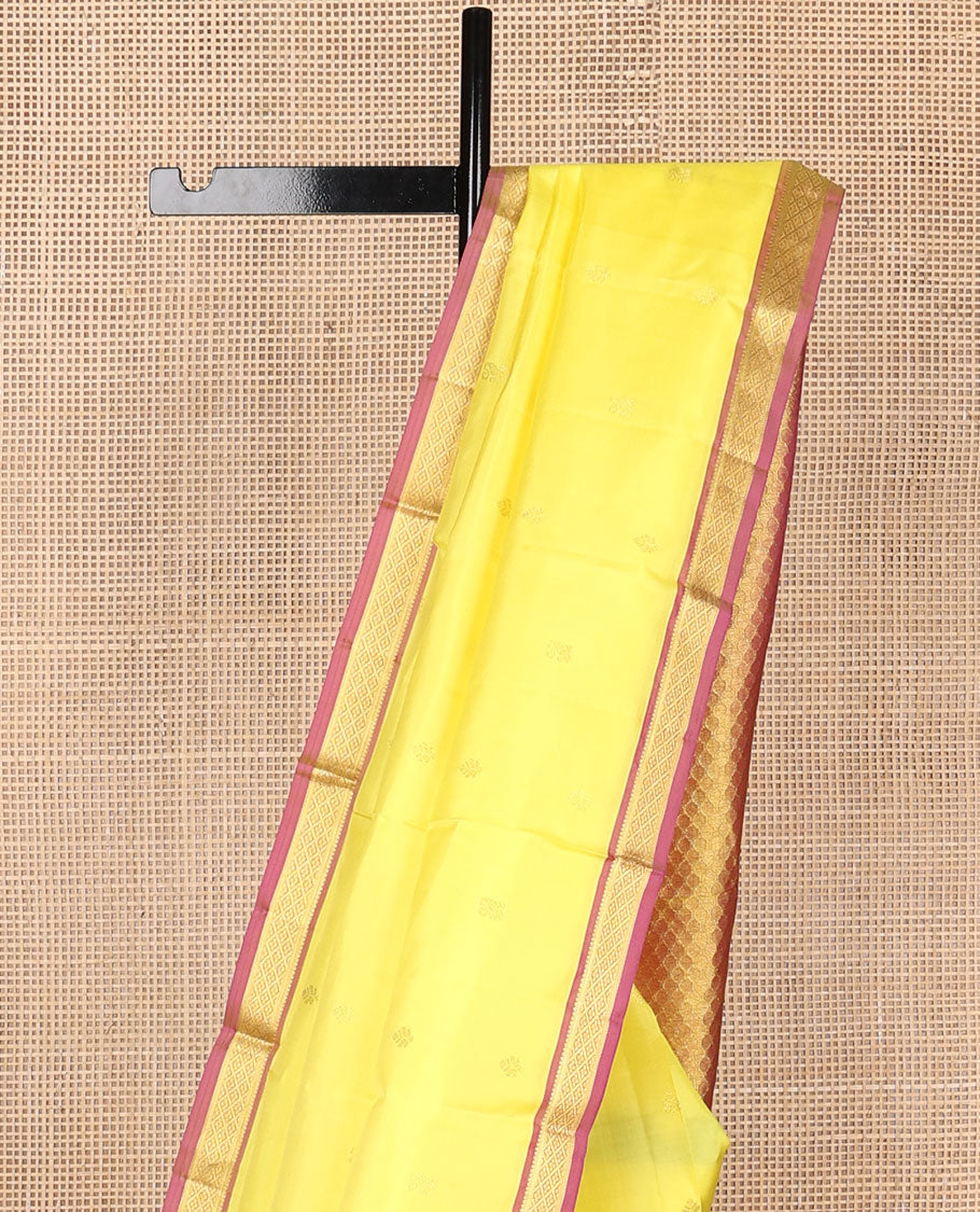 Yellow zari buttas Kanchipuram silk saree, contrast border of rekku,muthu,banaras & jaal design & pallu of jaal designs