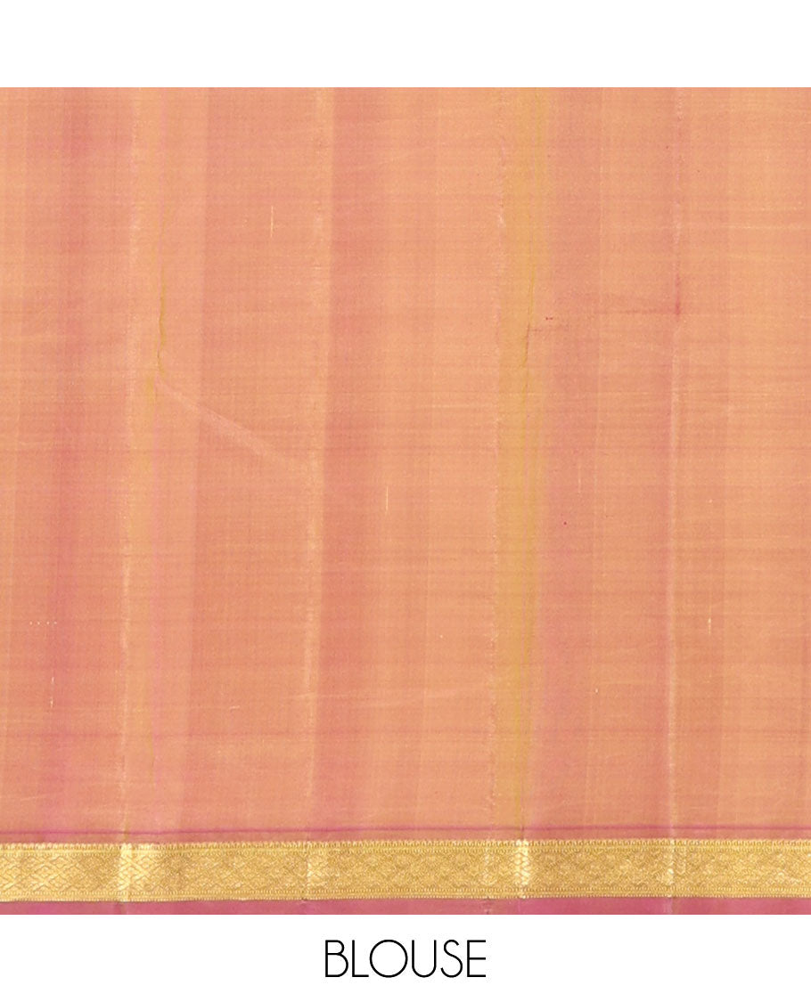 Yellow zari buttas Kanchipuram silk saree, contrast border of rekku,muthu,banaras & jaal design & pallu of jaal designs