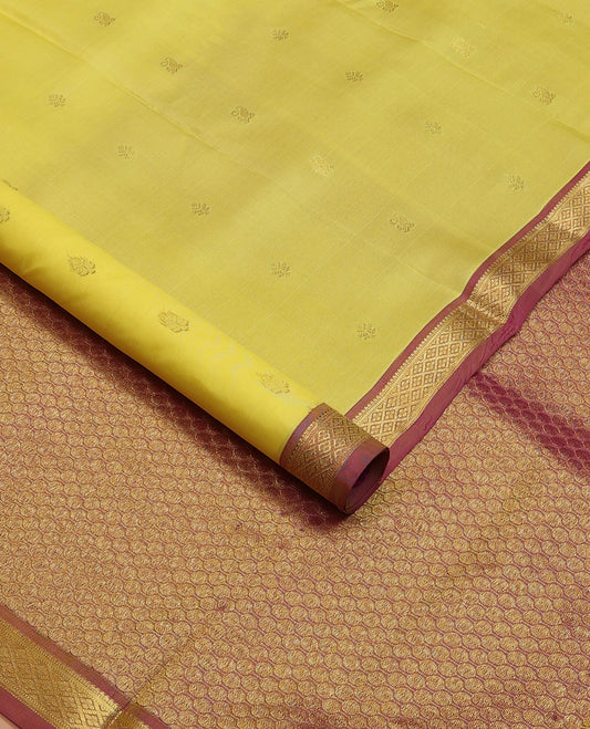 Yellow zari buttas Kanchipuram silk saree, contrast border of rekku,muthu,banaras & jaal design & pallu of jaal designs