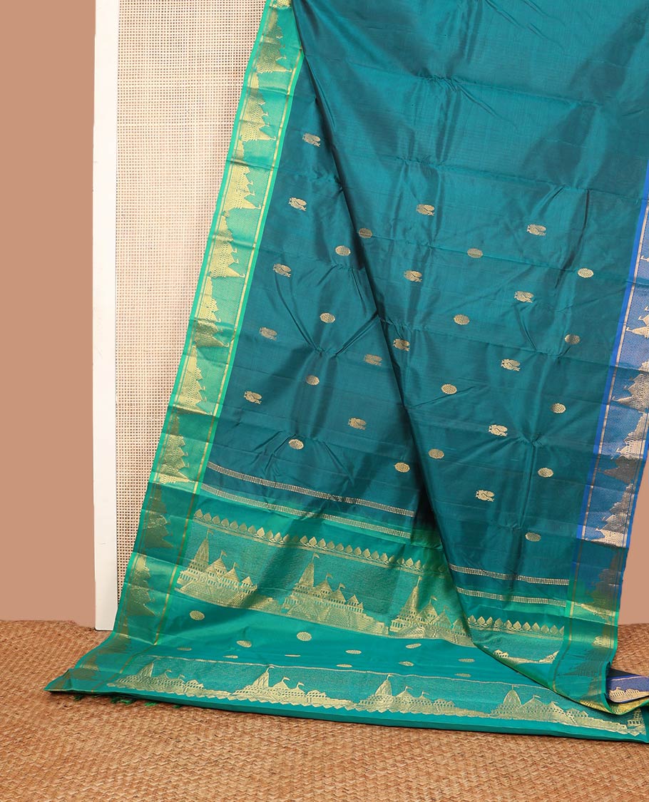 Blue annam chakram buttas silk saree, contrast ganga jamuna border & pallu of fort motifs woven in zari