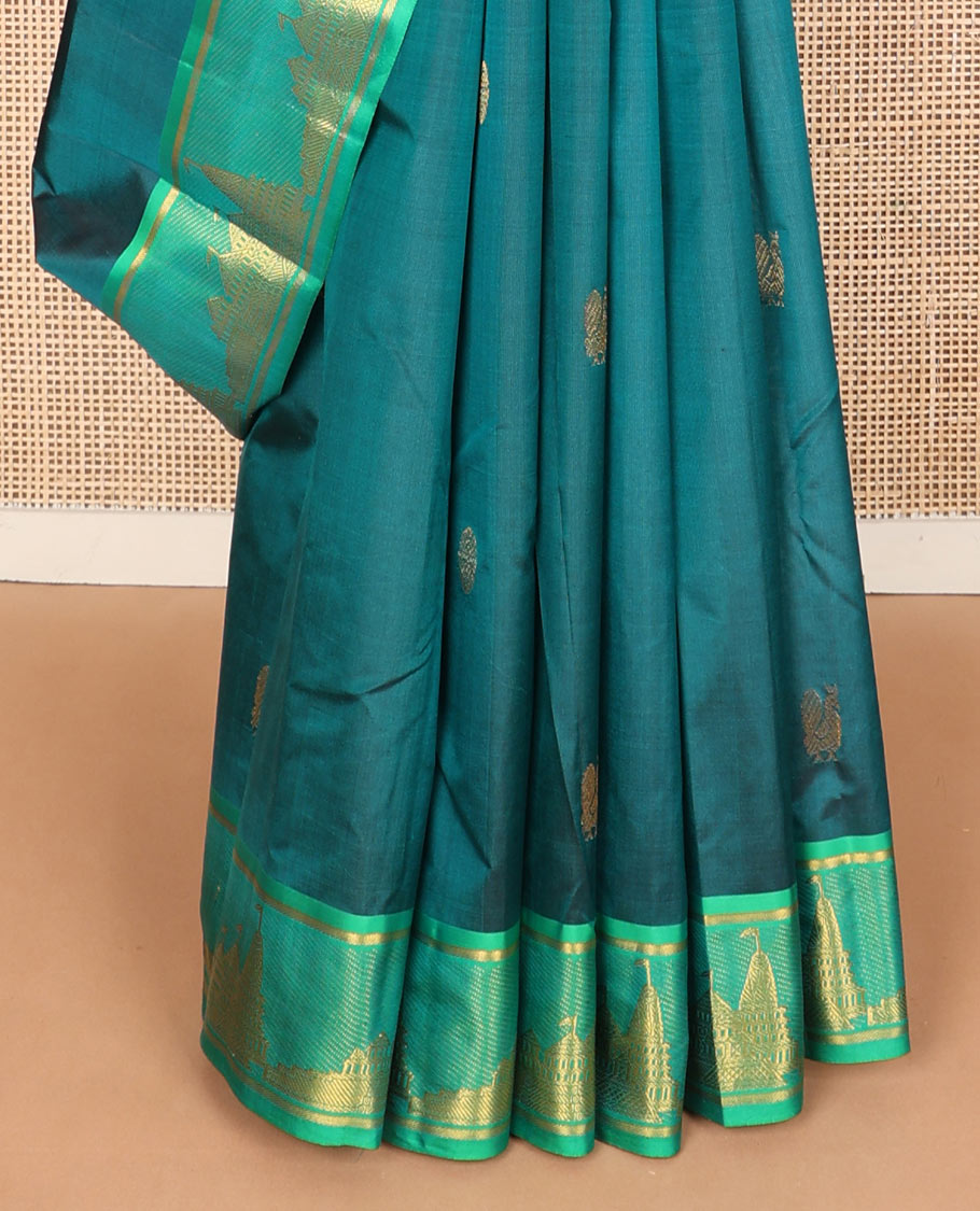 Blue annam chakram buttas silk saree, contrast ganga jamuna border & pallu of fort motifs woven in zari