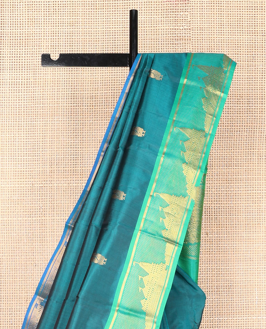 Blue annam chakram buttas silk saree, contrast ganga jamuna border & pallu of fort motifs woven in zari