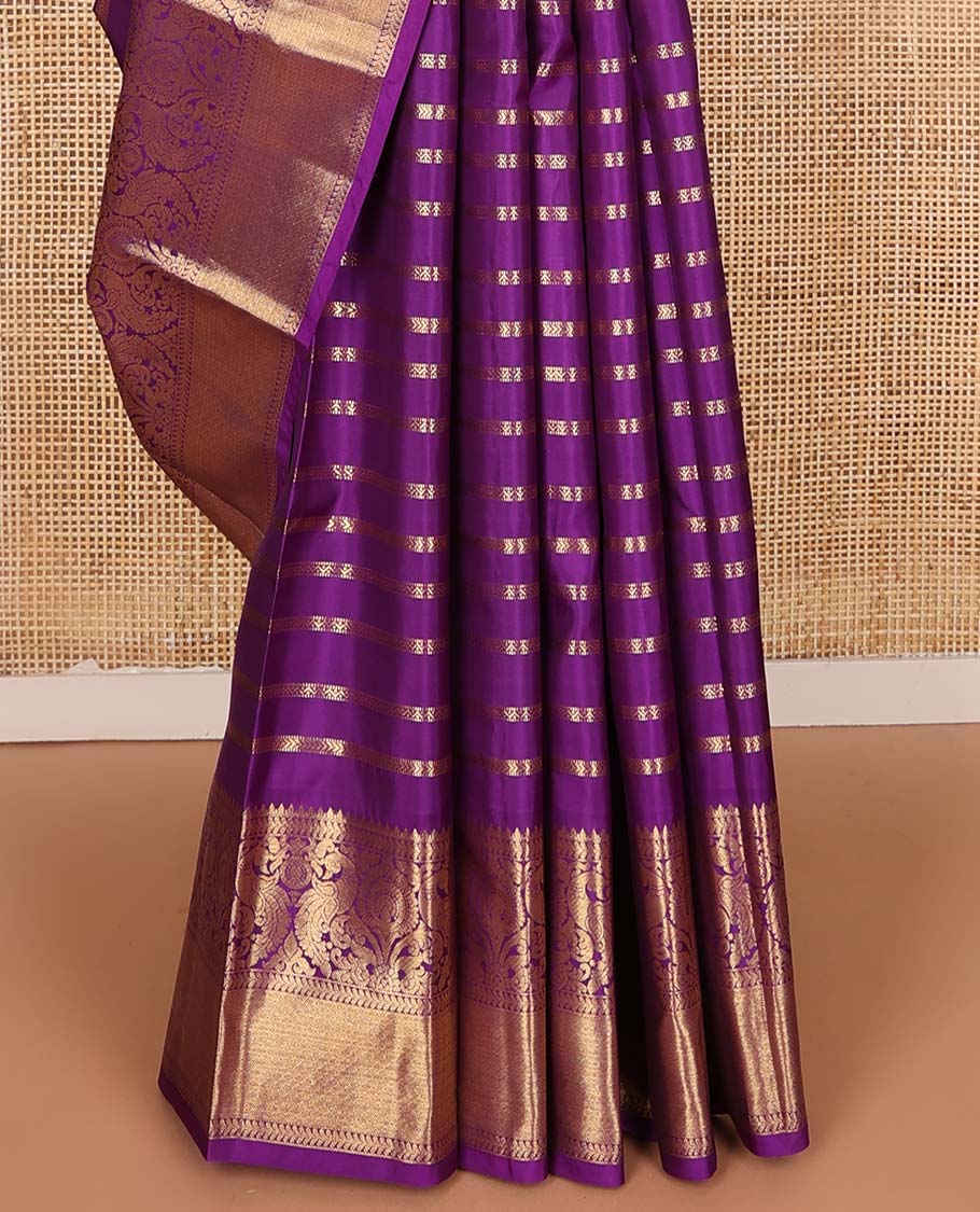 Purple neli, and kathir buttas Kanchipuram silks saree, zari border of thilakam, kathir, mayil, and mayil kann designa, and intricate pallu