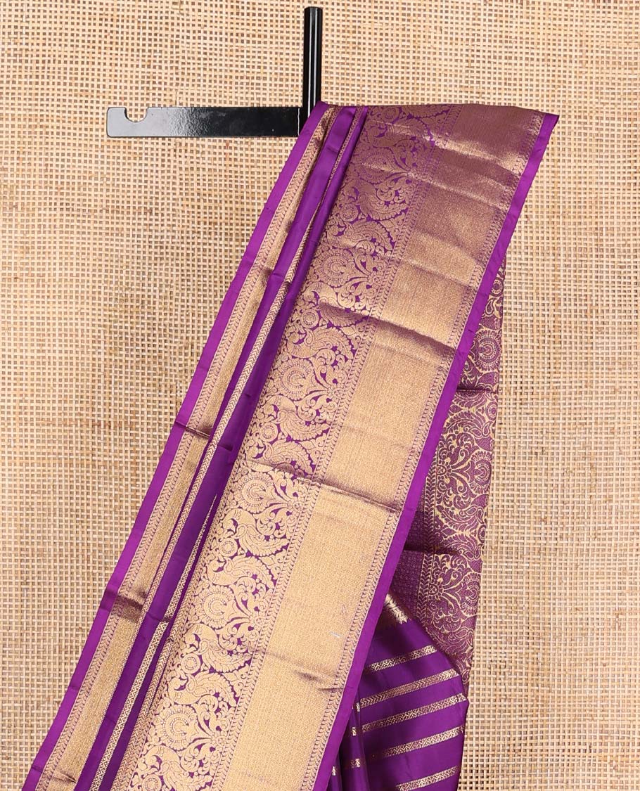 Purple neli, and kathir buttas Kanchipuram silks saree, zari border of thilakam, kathir, mayil, and mayil kann designa, and intricate pallu