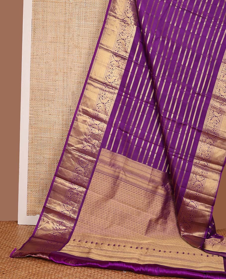 Purple neli, and kathir buttas Kanchipuram silks saree, zari border of thilakam, kathir, mayil, and mayil kann designa, and intricate pallu