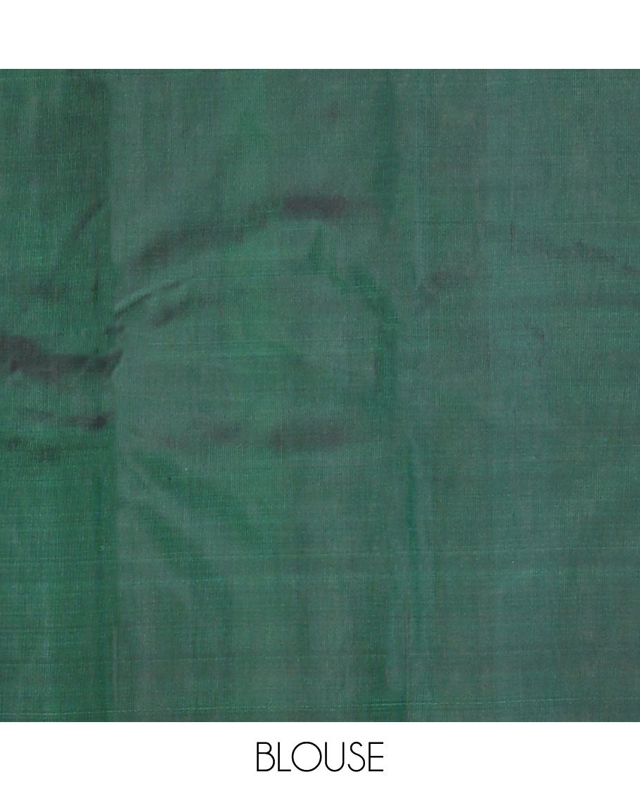 Green plain Kanchipuram silk saree, gleaming antique golden zari colored thazampoo rekku border, and zari-rich pallu of seppu rekku design