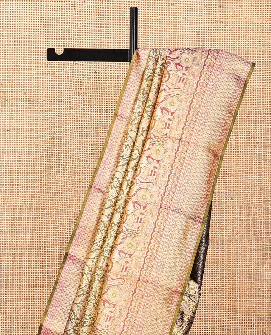 Green Kanchipuram Tissue Silk Saree, Finely Crafted with Floral Jacquard, Complemented by a Contrast Peacock Design Border, Intricately Designed Pallu, and a Contrast Blouse