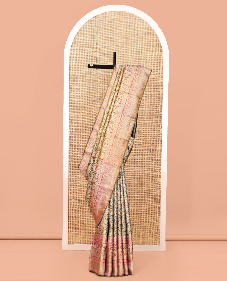 Green Kanchipuram Tissue Silk Saree, Finely Crafted with Floral Jacquard, Complemented by a Contrast Peacock Design Border, Intricately Designed Pallu, and a Contrast Blouse
