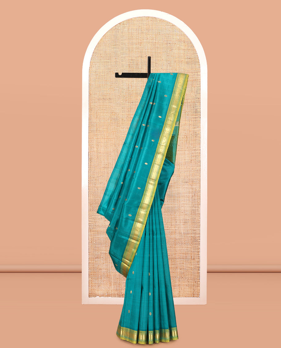 Green Zari Buttas Kanchipuram Silk Saree, Complemented by a Contrast Border of Rekku and Mayil Kann Design, Pallu of Zari Design, and No Blouse