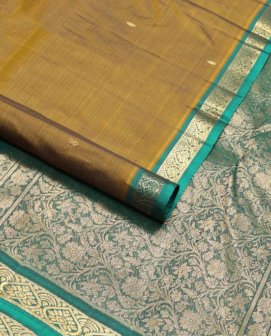 Brown buttas kancheepuram silk saree with contrast floral design border & jaal design pallu