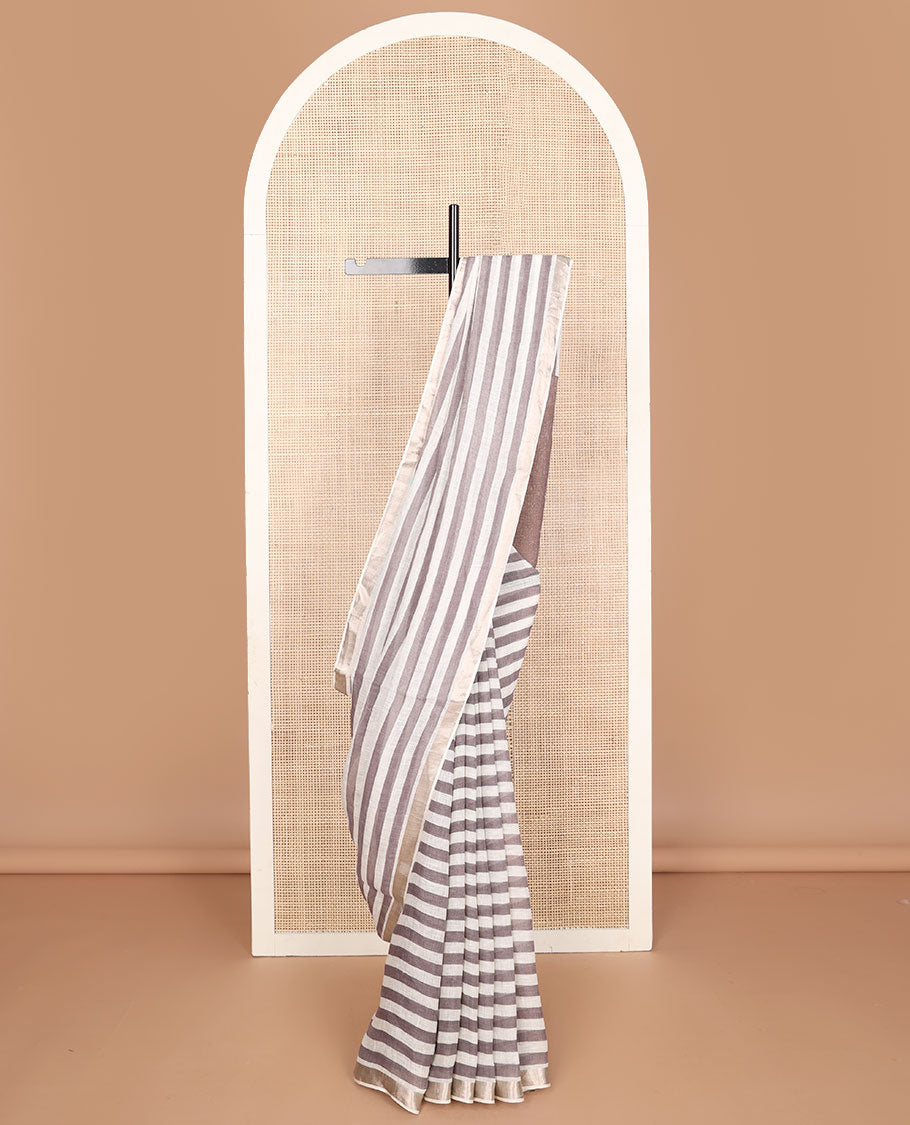 Brown and white stripes printed linen saree, zari border & pallu of stripes