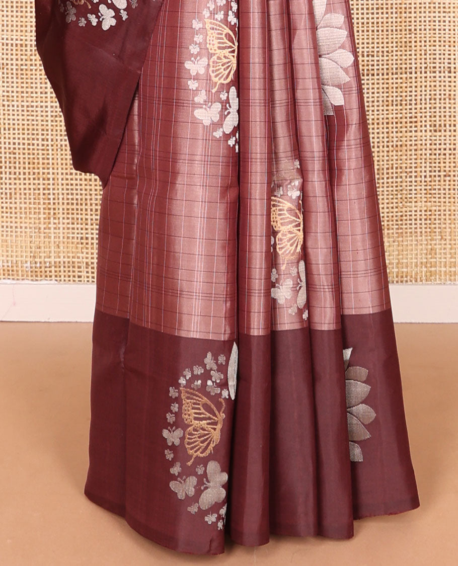 Maroon checked, buttas mayuri soft silk saree with contrast floral buttas border & floral design pallu