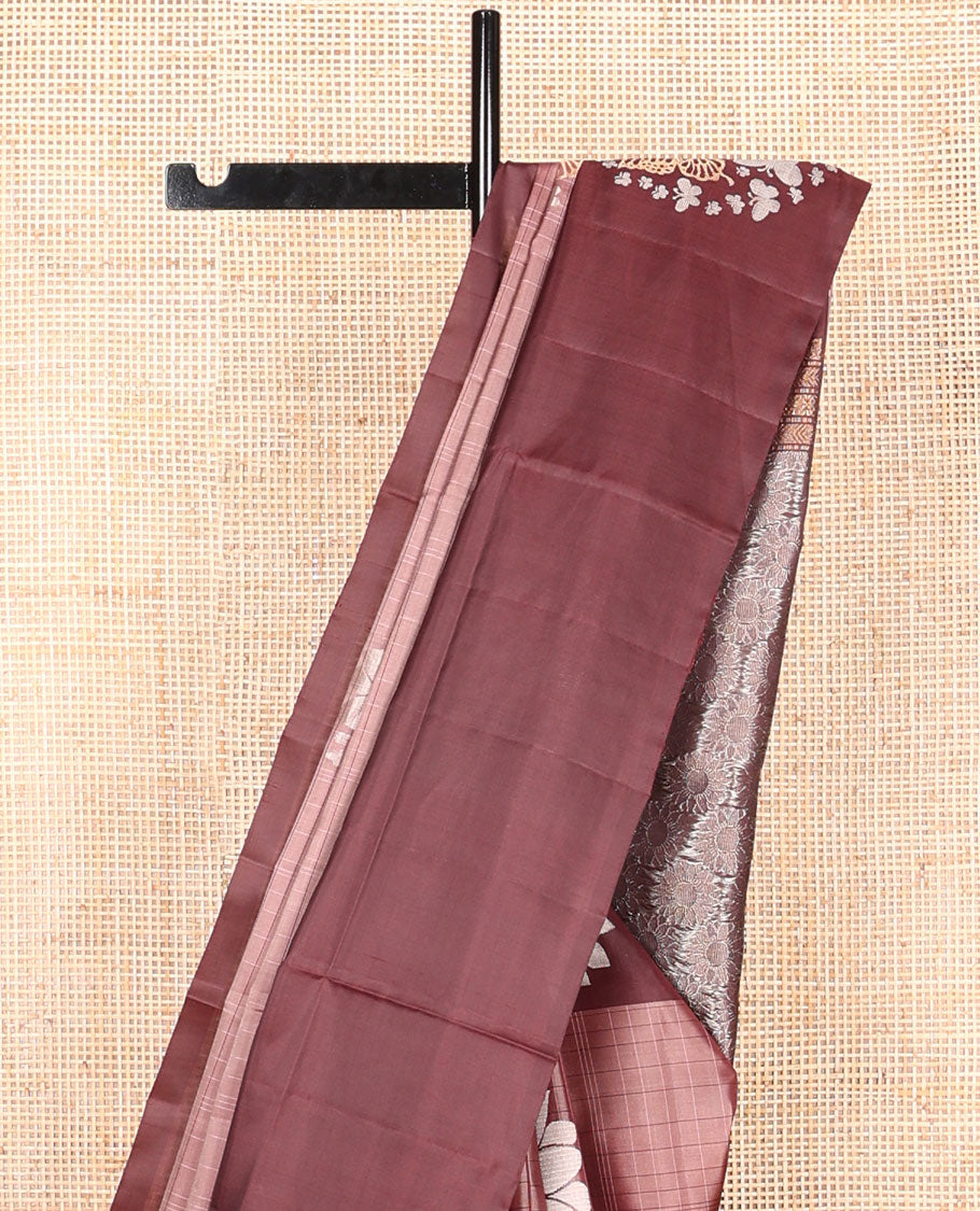 Maroon checked, buttas mayuri soft silk saree with contrast floral buttas border & floral design pallu