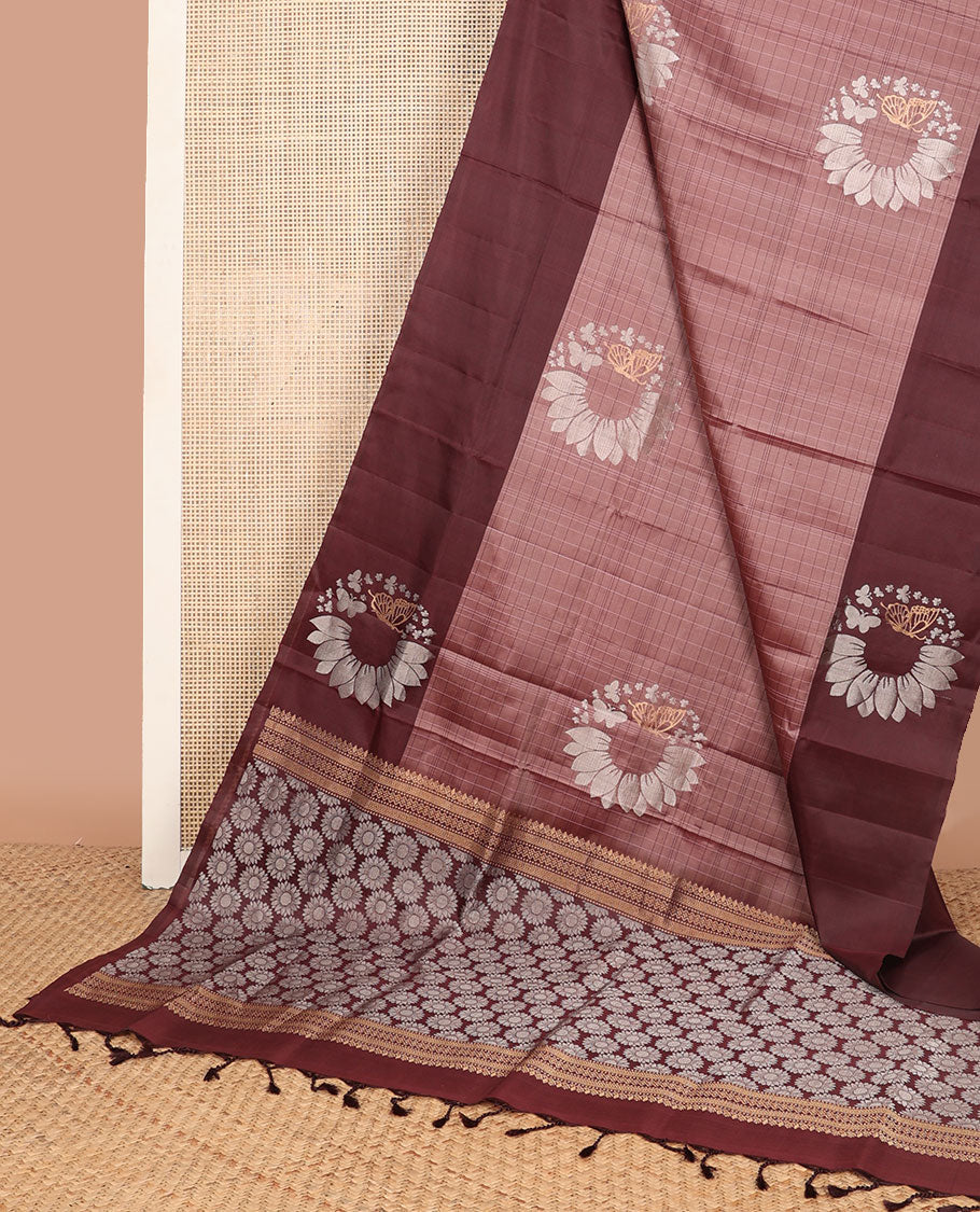 Maroon checked, buttas mayuri soft silk saree with contrast floral buttas border & floral design pallu