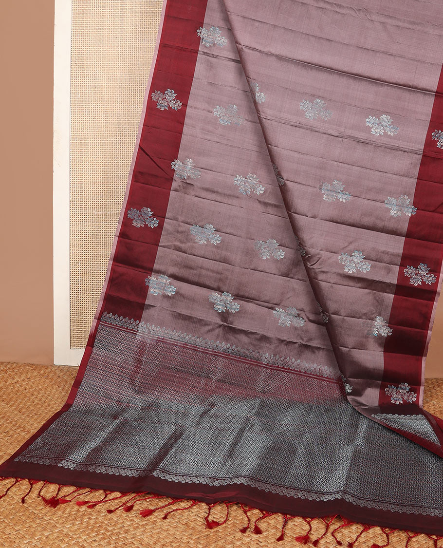 Pink soft silk saree with zari floral buttas, contrast floral design border & zari-rich jaal pallu