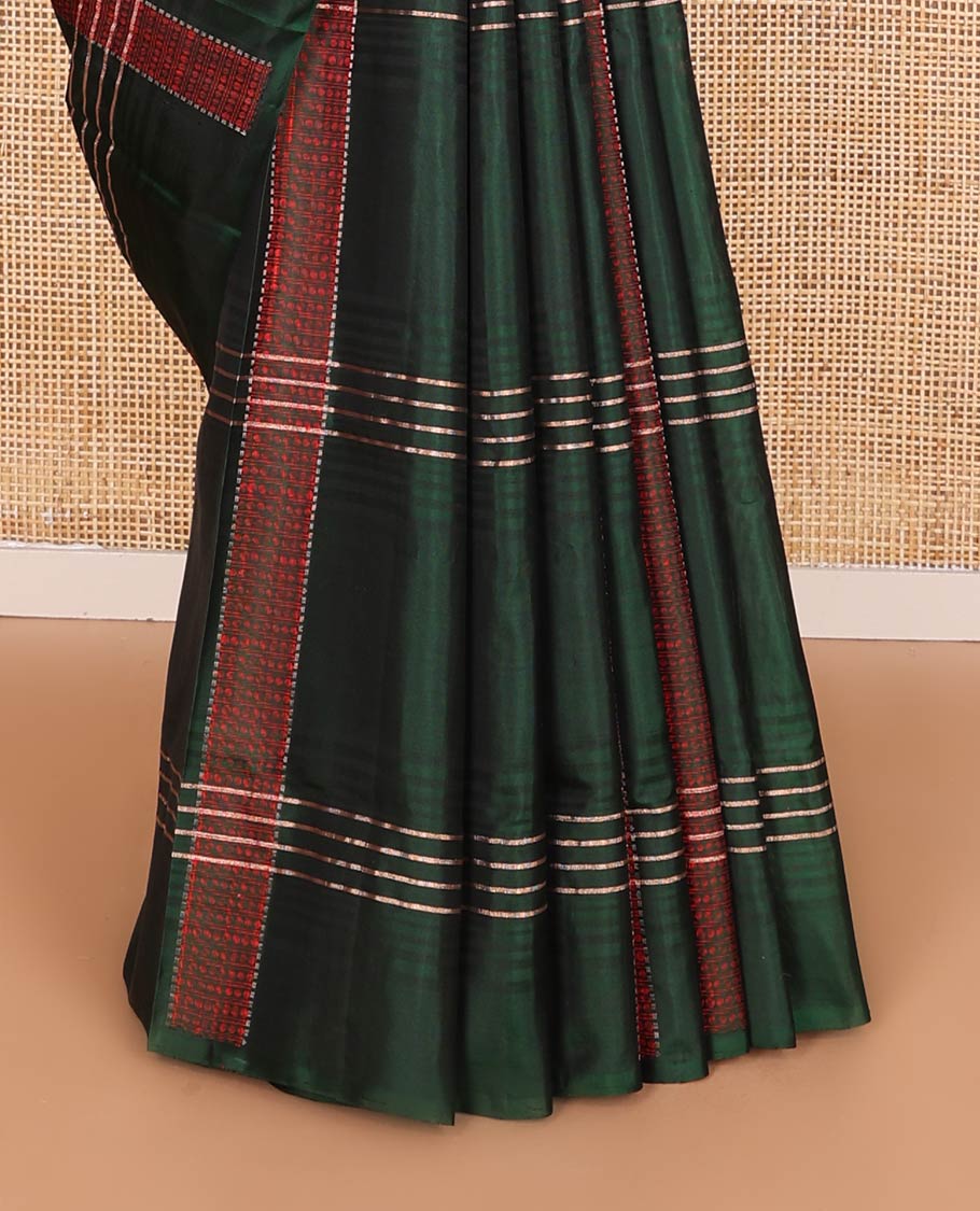 Borderless green stripes soft silk saree, self-pallu of polka dottes and stripes