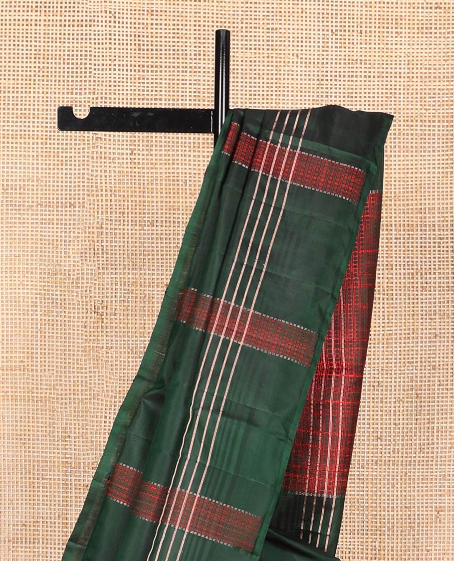 Borderless green stripes soft silk saree, self-pallu of polka dottes and stripes