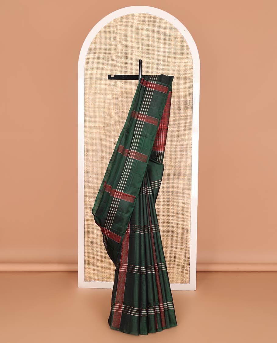 Borderless green stripes soft silk saree, self-pallu of polka dottes and stripes
