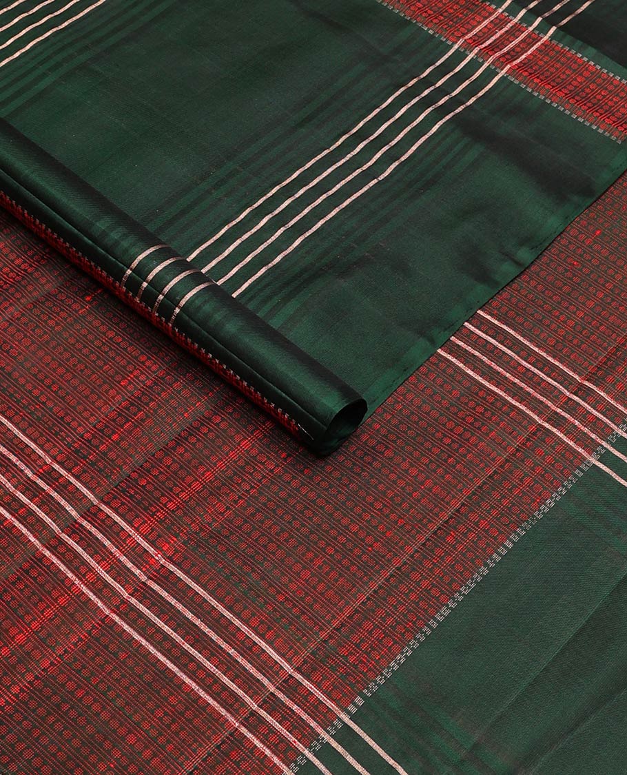 Borderless green stripes soft silk saree, self-pallu of polka dottes and stripes