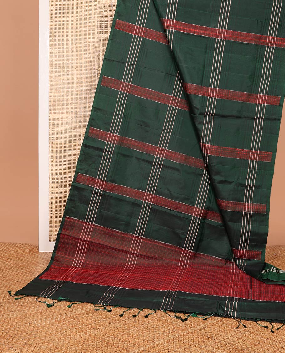 Borderless green stripes soft silk saree, self-pallu of polka dottes and stripes